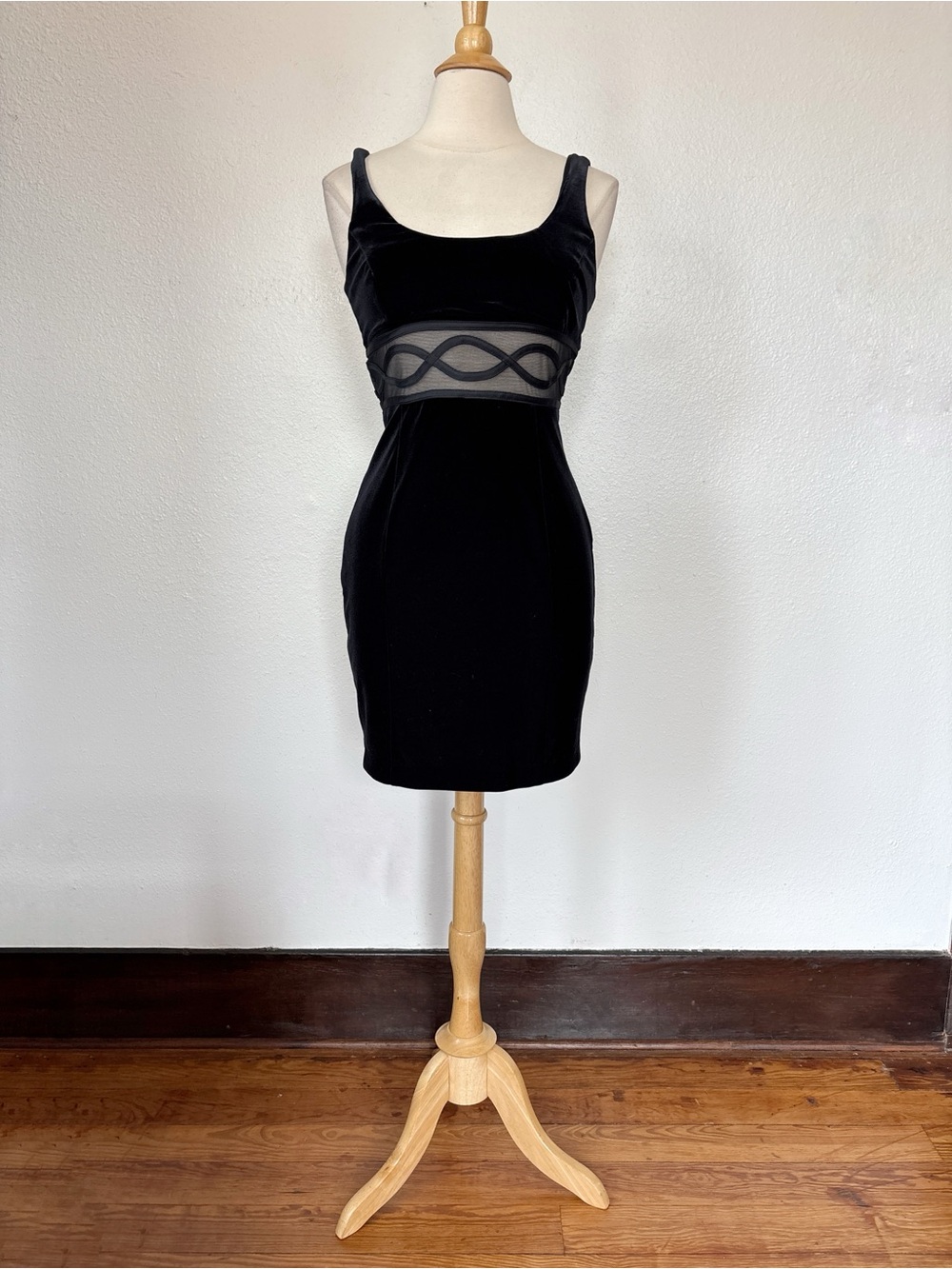 Vintage 90s Solid Black Velvet Sleeveless Mesh Cut Out Sleeveless Bodycon Dress